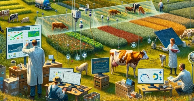 colorfull farm with animals and computer